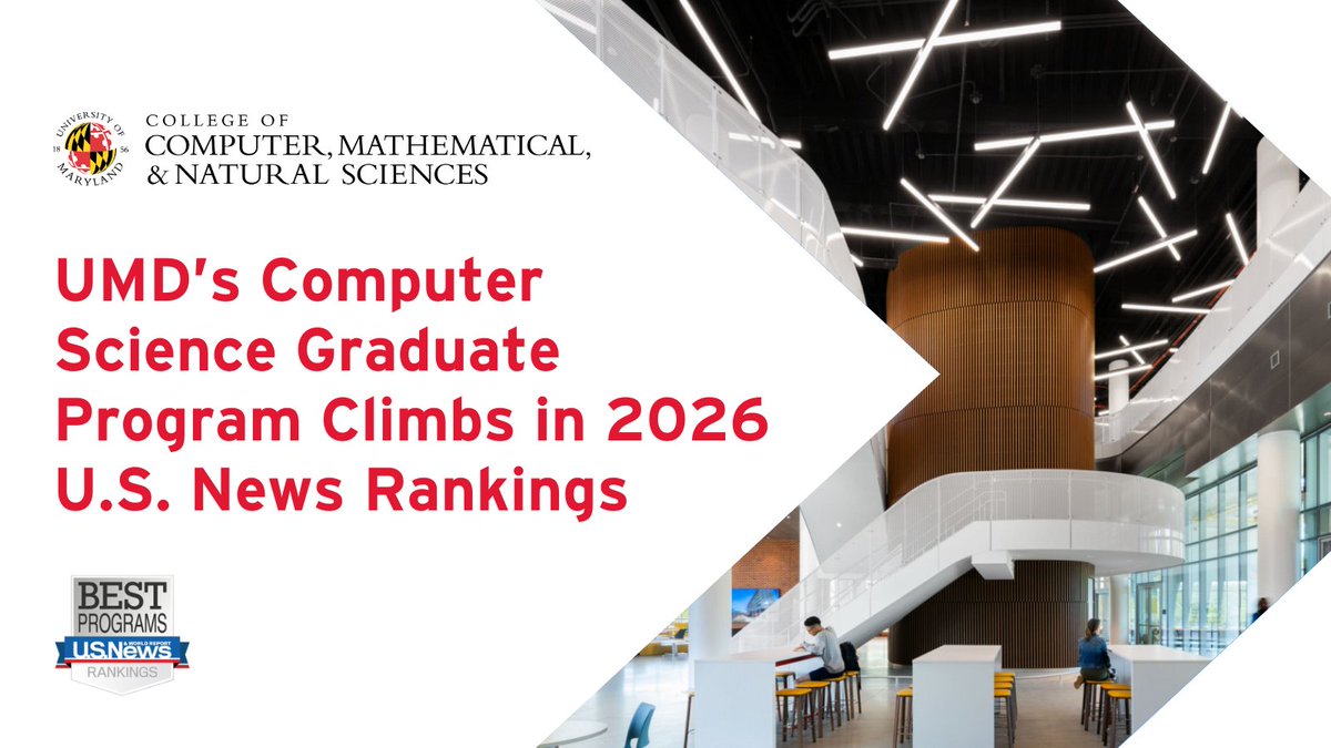 UMD Science (@umdscience) on Twitter photo The <a href="/umdcs/">UMD Department of Computer Science</a> graduate program ranks No. 9 among public institutions in the <a href="/usnews/">U.S. News & World Report</a> 2026 Best Graduate Schools!
#UMD also ranks high in three CS specialties: #ArtificialIntelligence, programming language and systems. go.umd.edu/cs-grad-rankin… The <a href="/umdcs/">UMD Department of Computer Science</a> graduate program ranks No. 9 among public institutions in the <a href="/usnews/">U.S. News & World Report</a> 2026 Best Graduate Schools!
#UMD also ranks high in three CS specialties: #ArtificialIntelligence, programming language and systems. go.umd.edu/cs-grad-rankin…