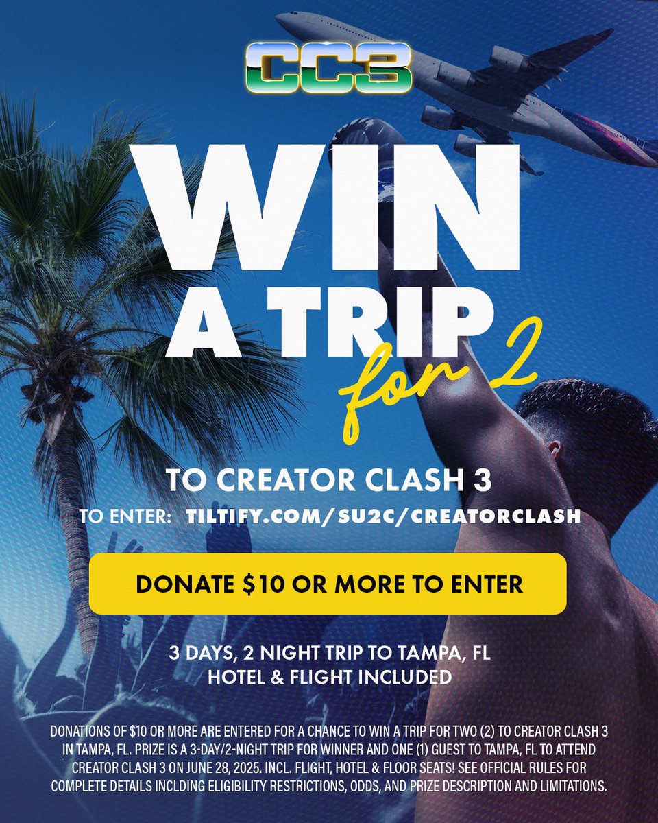 TheCreatorClash's tweet image. WIN A TRIP FOR 2 TO CC3!
- 3 days, 2 night trip to Tampa, FL
- hotel & flight included
Donate $10 or more to support SU2C and you’ll be entered to win!
tiltify.com/su2c/creatorcl…