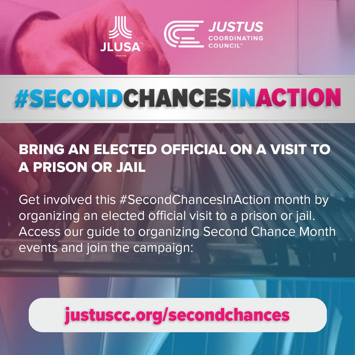 JustUSCouncil's tweet photo. Learn how to bring an elected official to visit a prison or jail in your community this #SecondChancesInAction month! Access our guide to organizing Second Chance Month events and join the campaign: https://t.co/KwrOjHxcy6 https://t.co/JNXbV4qy8Q
