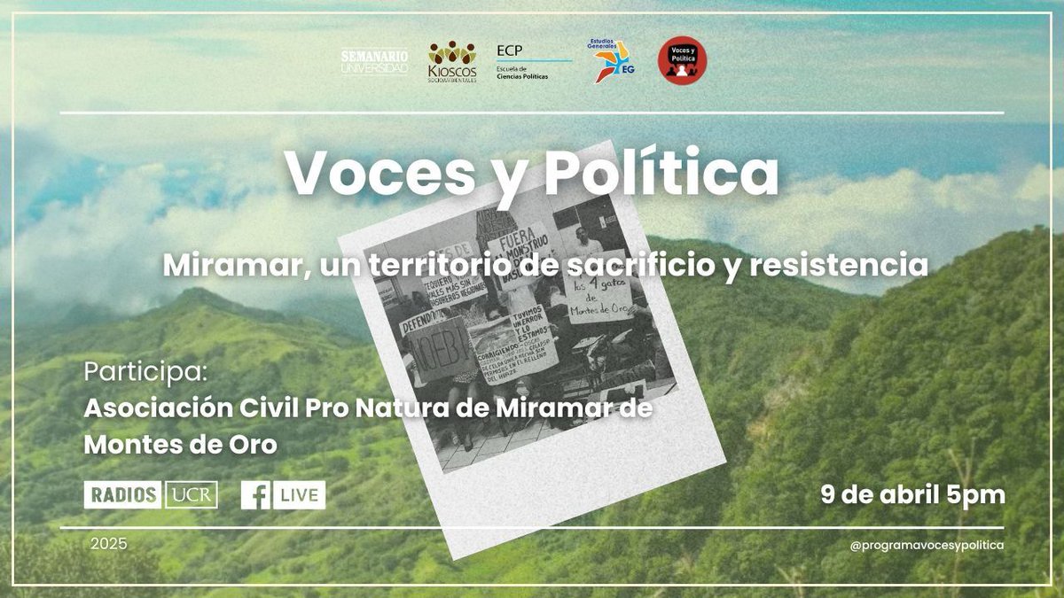 #Miércoles 9 Abril
 Programa Voces y Política 
“Miramar, un territorio de sacrificio y resistencia”.
Participan Integrantes de la Asociación Civil Pro Natura de Miramar de Montes de Oro.
📷Miércoles 5:00 pm 
📷96.7 FM.
Live (facebook.com/radiouniversid…)