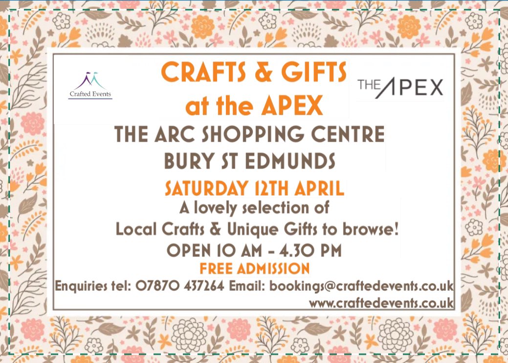 BuryStEdsCraftF's tweet photo. This Saturday #crafts #gifts #theapexburystedmunds #easter #suffolk #events #artisan #art #jewellery #ladiesaccessories Lots to browse Open from 10am - 4:30pm Free Admission Refreshments available https://t.co/x1Khm7JpXA