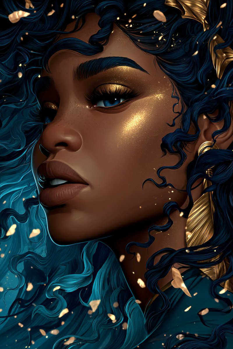 7lioness2014's tweet image. "Golden glimmers amid midnight blues."
#GoldenGoddess #MidnightMagic #ArtisticBeauty
Captioned by #GPT4 #aiart
Contact us for art on Merch, notebooks, journa s, coloring books. 
🧩🎯 afrodiasporan.cloud