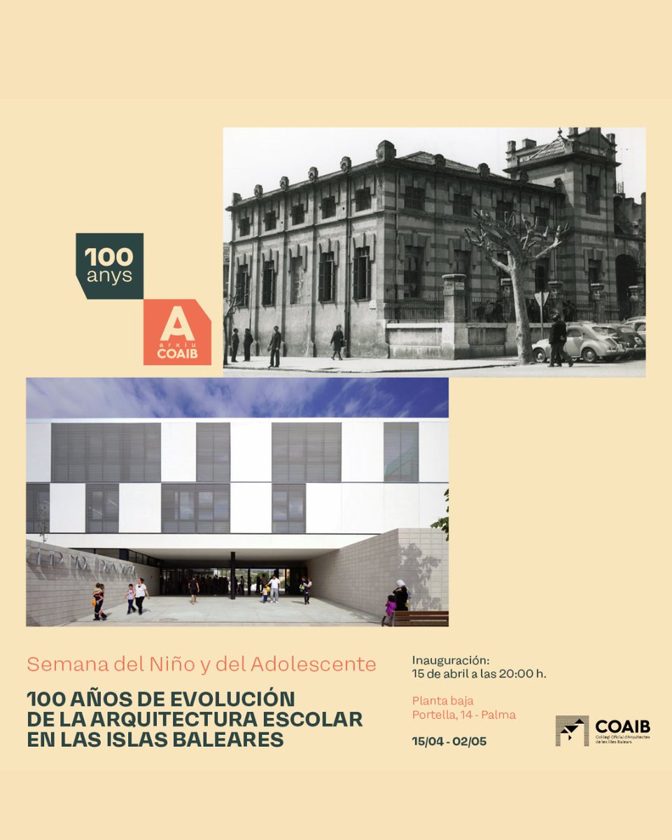 COAIBALEARS's tweet photo. 📣 Inauguram l’exposició “100 anys d’evolució de l’arquitectura escolar a les Illes Balears”, en el marc del centenari de l’Arxiu COAIB i la Setmana del Nin i l’Adolescent.

🗓️ Dimarts 15/04 a les 20 h
📍 Sala de Visats COAIB

#COAIB #ArxiuCOAIB #ArquitecturaEscolar https://t.co/awDG3bNopc