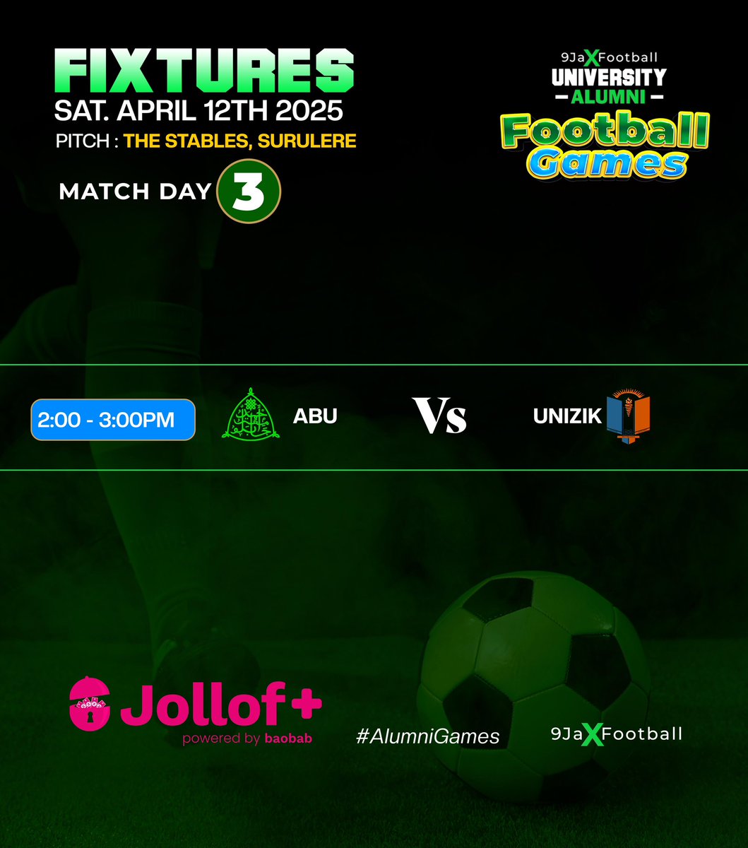 9jaXFootball's tweet photo. Final Group stage Matches;

- Saturday 12th, Stables 1:30pm-2:30pm.
- Sunday 13th, Queens College, Yaba. 9am-5pm.

#AlumniGames https://t.co/VYgUEmLz5W