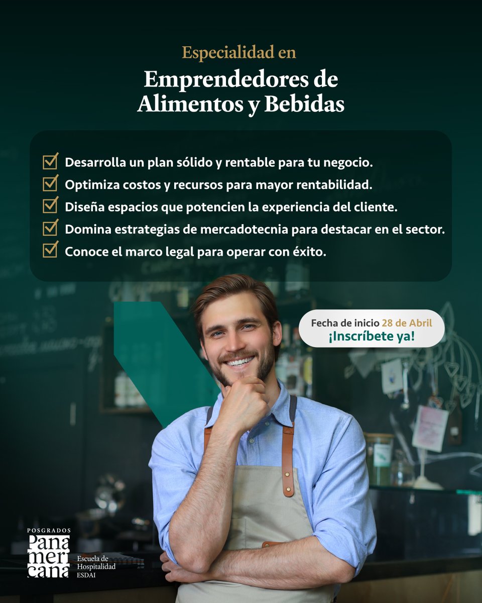 Haz crecer tu emprendimiento gastronómico.
Con la Especialidad en Emprendedores de Negocios A&amp;B de ESDAI Posgrados, desarrollarás un plan rentable, optimizarás recursos y dominarás la mercadotecnia. Inicia el 28 de abril. ¡Inscríbete hoy!

🔗 Más info:  hubs.la/Q03dWXLn0