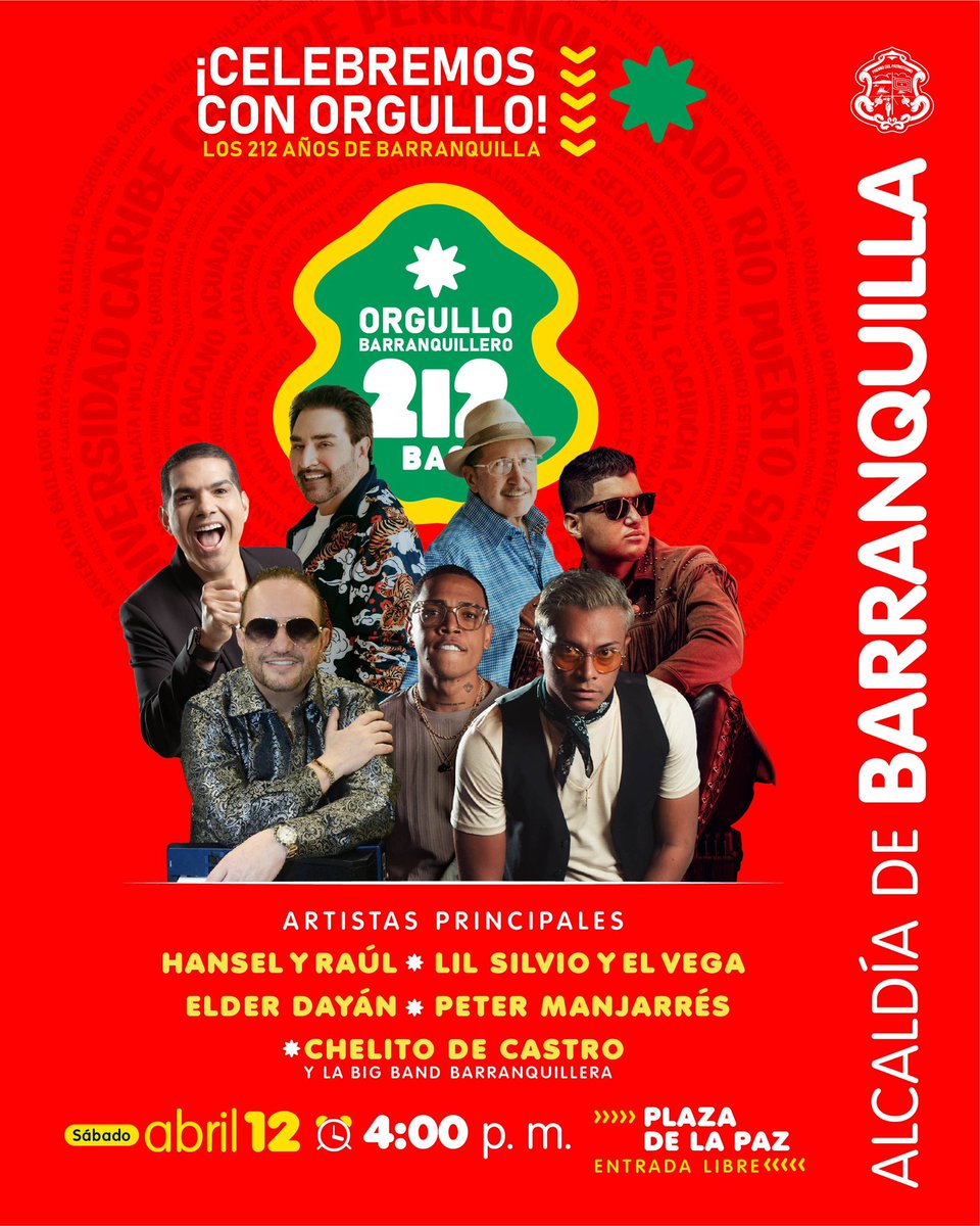 AlejandroChar's tweet photo. ¡Celebremos con orgullo los 212 años de Barranquilla!

Los espero este sábado 12 de abril, desde las 4:00 p. m., en la Plaza de la Paz.
Una gran fiesta para homenajear a nuestra ciudad, con música, alegría y grandes artistas.

La entrada es totalmente gratis. ¡Nos vemos allá! https://t.co/r5VOBjA5DC