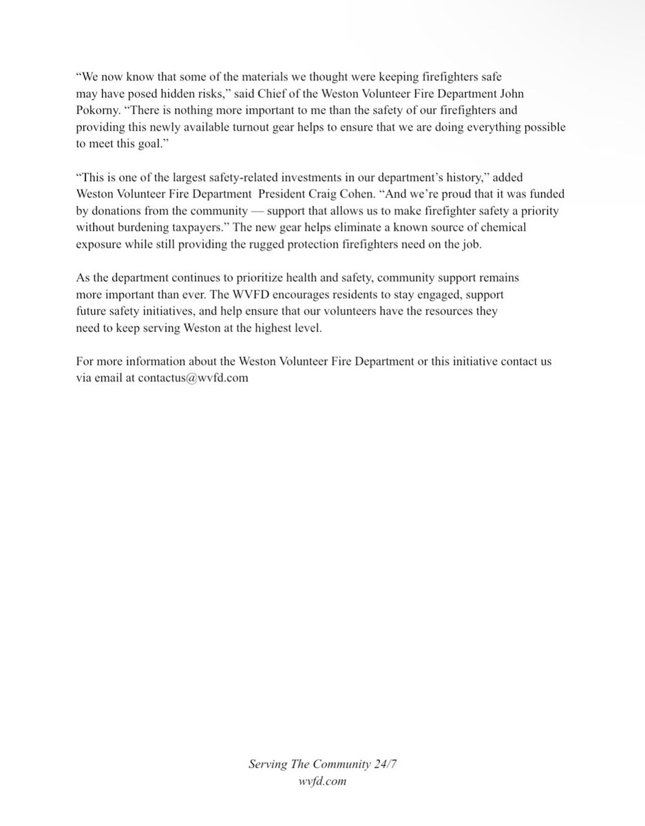 Weston Volunteer Fire Department invests $215,000 of donor funds to purchase PFAS-Free Turnout Gear. See attached press release for further information.