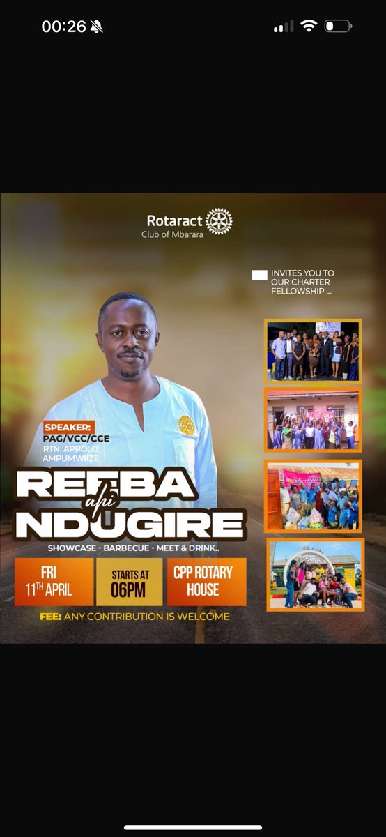 The Rotaract club of Mbarara invites you all for it's 33rd charter celebrations as we go down the memory lane of the far we've come..
We'll have a talk,a showcase of the sweet memories shared and achievements over the years and wind up the day with barbecue,meet &amp; drink.