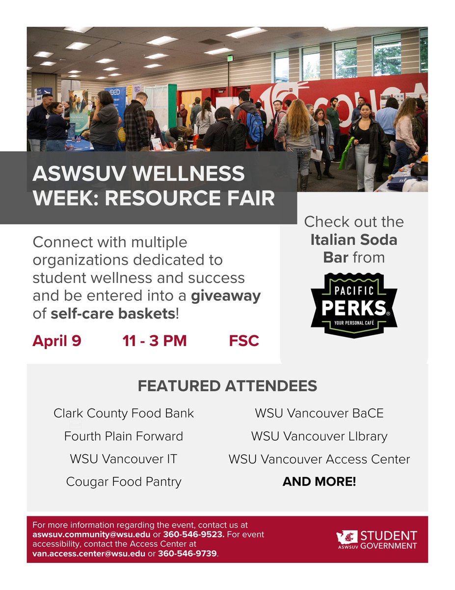Looking for wellness support &amp; good vibes? 🌱 Join us at the ASWSUV Wellness Week: Resource Fair!
🎁 Win a self-care basket
🥤 Grab a soda from PacificPerks
📍 WSU Vancouver
🕓 Don’t miss out! 

#WSUV #WellnessWeek #StudentLife #SelfCare