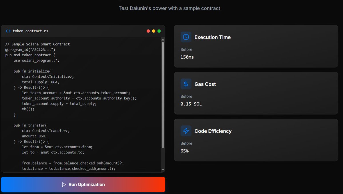 dalunindlin's tweet photo. ⚙️ Test your smart contracts with Dalunin before deployment!
🧠 Analyze performance
⏱️ Execution Time: 150ms
💸 Gas Cost: 0.15 SOL
⚡ Code Efficiency: 65%
One click → Real insights. Ready to optimize?
#Solana #Web3Dev #SmartContracts #Dalunin #DevTools #BuildBetter https://t.co/jpj9VP84tC