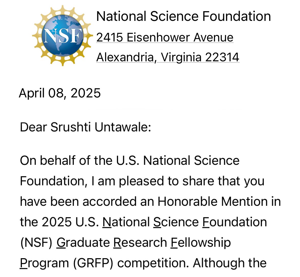 SrushtiUn's tweet photo. SO happy to share I’ve received an honorable mention for my first ever grant proposal (NSF GRFP)!! 

So grateful for my mentors and loved ones, because it’s a feat to even apply for such a thing. This is a win and the first step to better science - congrats to everyone!! https://t.co/d3sNWjZ135