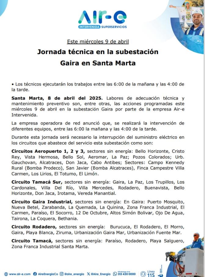 Aire_Energia's tweet photo. #EntérateMagdalena🌀 Este miércoles 9 de abril desarrollaremos trabajos de mantenimiento al interior de la subestación #Gaira. Para facilitar las obras técnicas se suspenderá el suministro de energía a los clientes alimentados por los circuitos Aeropuerto 1, 2 y 3, Gaira Individual, Rodadero, Tamacá, Tamacá Sur. Conoce más detalles aquí.⬇️