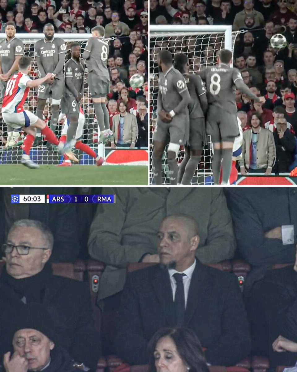 ESPNFC's tweet photo. Declan Rice really scored a Roberto Carlos-esque free kick in front of the Real Madrid legend himself 🥶

Sensational 😮‍💨 https://t.co/CotQShBcow