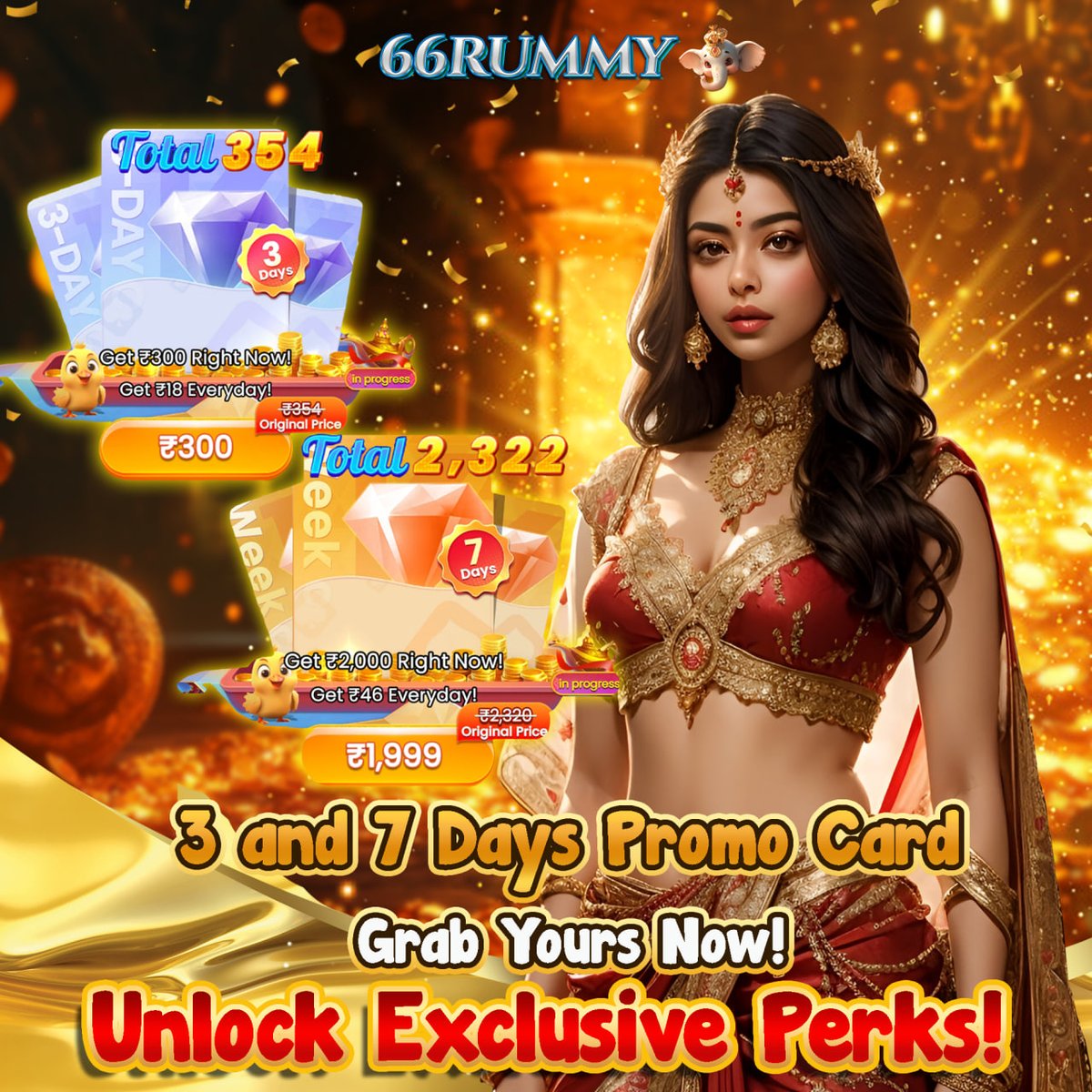 Official66Rummy's tweet photo. 💳 Unlock Exclusive Rewards with  3 & 7 Days Promo! 🎉  

Start with our 3 Days Promo Card! 🫴
✅ ₹300 instantly credited to your account  
✅ ₹18 daily for 3 days – Earn a total of ₹354

Start with our 7 Days Promo Card! 🫴
✅ ₹2,000 instantly credited to your account  
✅ ₹46 daily for 7 days – Earn a total of ₹2,322

💲 Nonstop rewards, bigger winnings!  

💡 Deposit more, gain more! Don’t miss this offer – grab your 3 and 7 days promo card now and start winning! 🚀

💡 Check 66RUMMY's app for more details!~