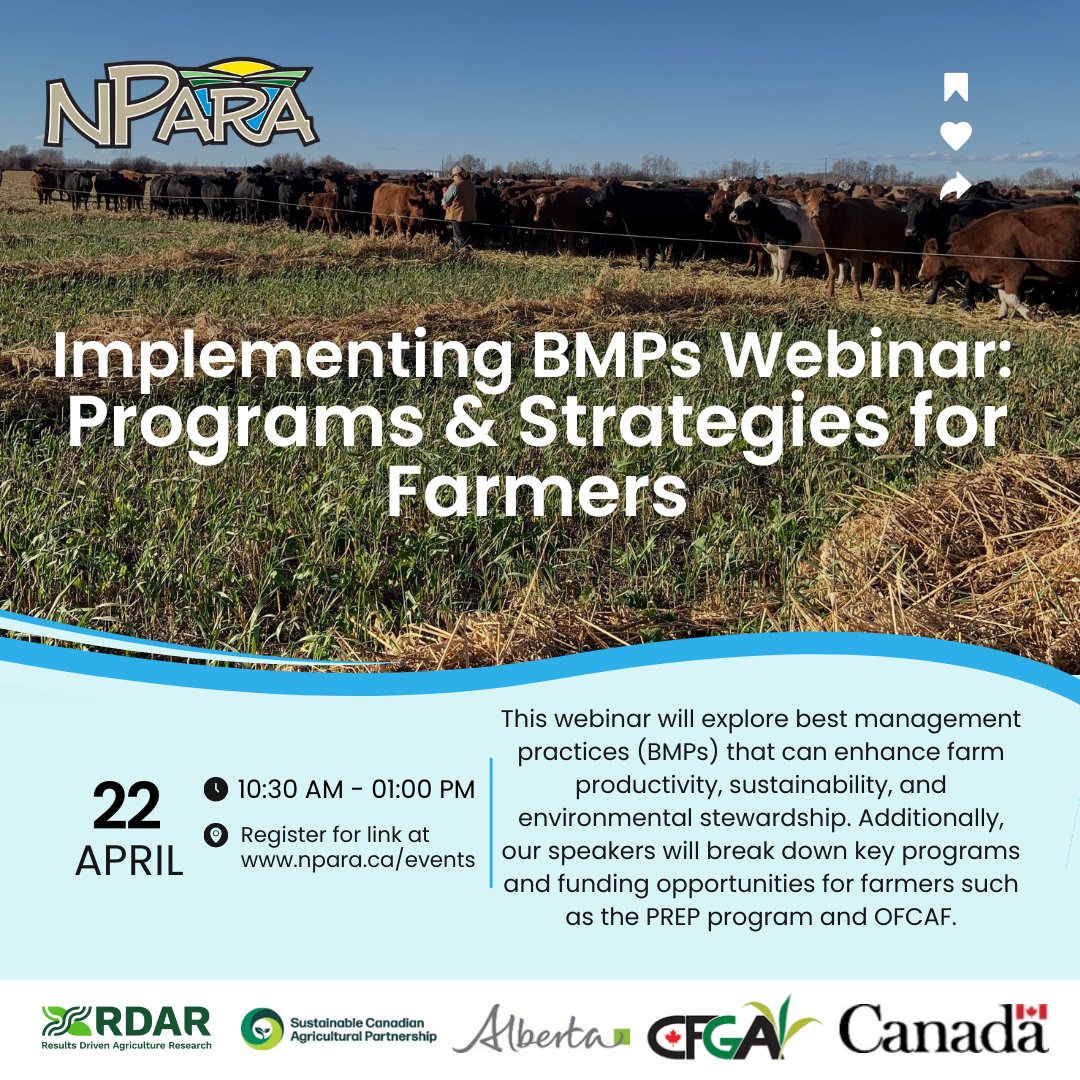 extensionnpara's tweet photo. 🌾 Join us April 22 for a free webinar: Implementing BMPs – Programs &amp; Strategies for Farmers!

Learn about BMPs, and multiple funding programs such as OFCAF and RDAR’s PREP Program.

RSVP - https://t.co/2p1K4ZhoYw

#AgWebinar #OFCAF #PREPProgram #FarmSmart #NPARA https://t.co/KVm1Gq0Ah6