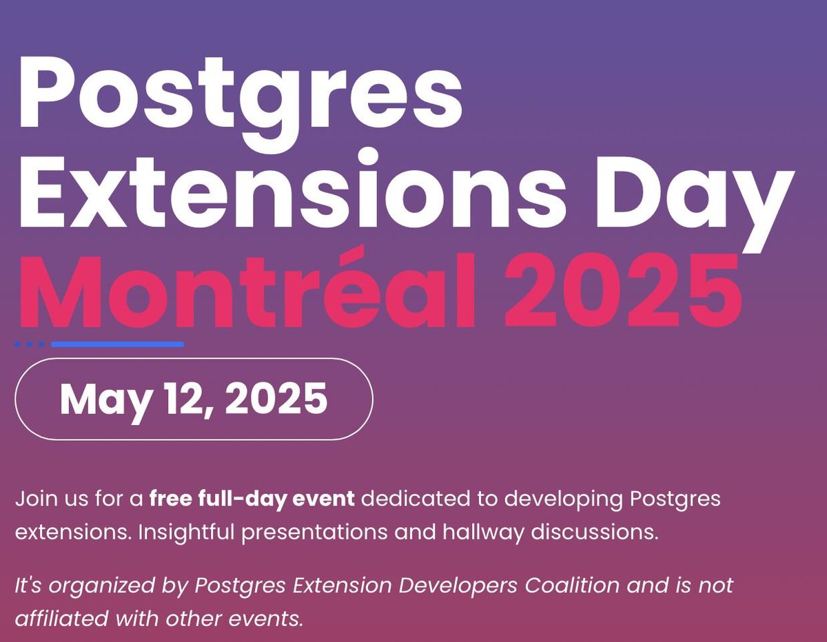 Abigale Kim (@abigalekim.bsky.social) (@abigale_kim) on Twitter photo Some cool people I met at PGConf.dev 2024 are hosting pgext.day, a 1 day conference centered on Postgres extensions. I recall many fun convos about Postgres extensions last year and I'm sure they will match the energy this year :)
<a href="/yrashk/">Yurii Rashkovskii</a> <a href="/gwenshap/">Gwen (Chen) Shapira</a> Some cool people I met at PGConf.dev 2024 are hosting pgext.day, a 1 day conference centered on Postgres extensions. I recall many fun convos about Postgres extensions last year and I'm sure they will match the energy this year :)
<a href="/yrashk/">Yurii Rashkovskii</a> <a href="/gwenshap/">Gwen (Chen) Shapira</a>