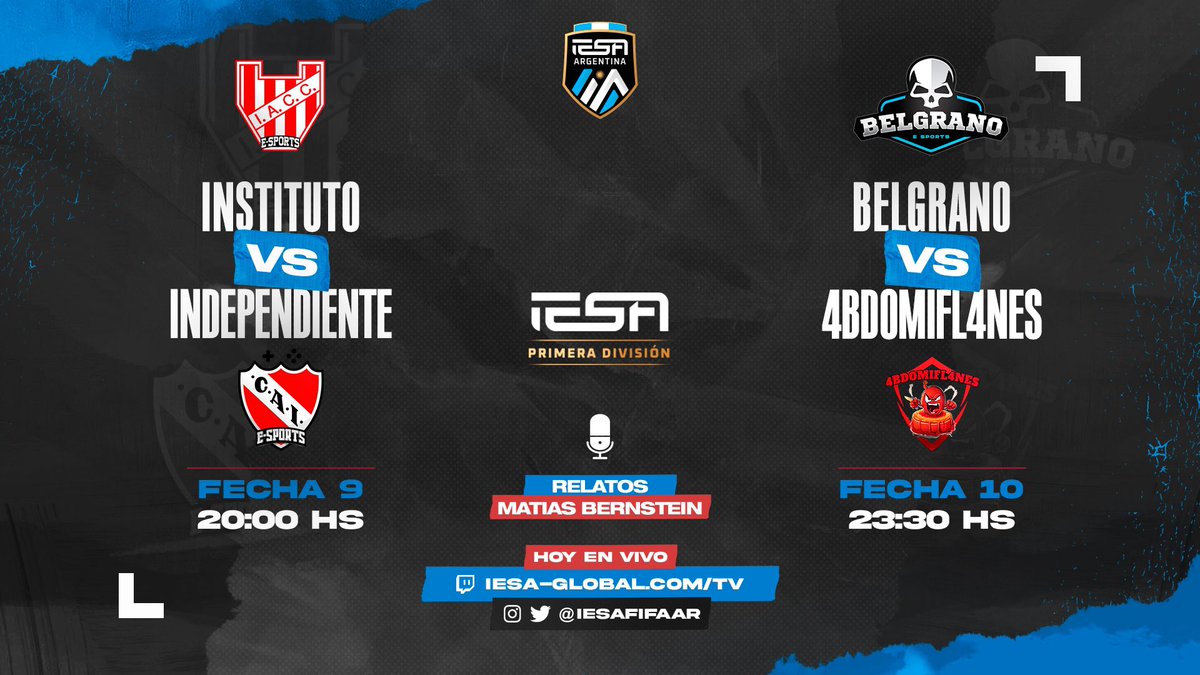 #IESATwitch 📺 

Esta anoche en #IESAArgentina se juega la 9na y 10ma fecha.

<a href="/InstitutoNext/">Instituto ACC eSports Next Gen</a> 🆚 <a href="/CAIesports/">C. A. Independiente eSports</a> 
<a href="/CABesportsok/">Belgrano Esports</a> 🆚 <a href="/bdomifl4/">4BDOMIFL4NES</a> 

Con los mejores relatos de <a href="/Mati_Bernstein/">Mati Bernstein 🎤</a> 

⚠️ Seguí la transmisión en vivo desde las 22:50hs ⏲️ 

📲 twitch.tv/iesaargentina