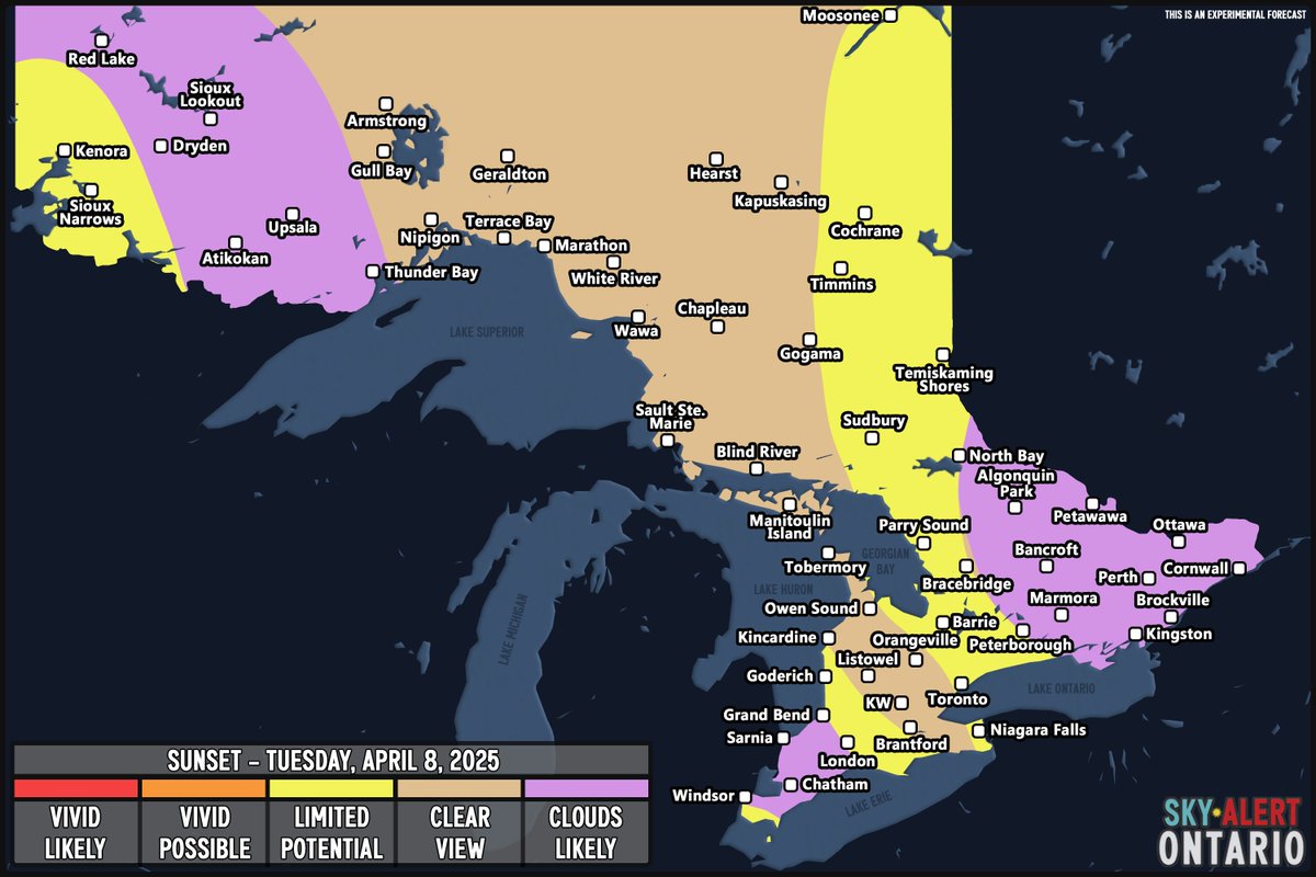 SkyAlertOntario's tweet photo. SUNSET FORECAST | April 8, 2025

This forecast is designed for photographers. Follow Sky Alert Ontario on Facebook for detailed forecasts! 

#sunriseforecast #sunsetforecast #skywacther #sunriselovers #sunsetlovers #landscapephotography #ontariophotography #weatherforecast https://t.co/BuEUg2CyKM