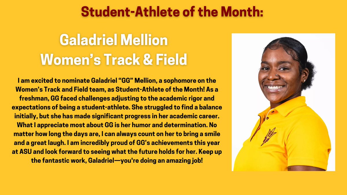 Sun Devil OSAD (@sundevil_osad) on Twitter photo The final student we'd like to highlight for this month is our Most Improved Female Student-Athlete of the Month: Galadriel Mellion from <a href="/SunDevilTFXC/">Sun Devil Track and Field/XC</a>! Her dedication this month has impressed us all, we are very proud. Congrats GG! <a href="/TheSunDevils/">Arizona State Sun Devils</a> #O2V! The final student we'd like to highlight for this month is our Most Improved Female Student-Athlete of the Month: Galadriel Mellion from <a href="/SunDevilTFXC/">Sun Devil Track and Field/XC</a>! Her dedication this month has impressed us all, we are very proud. Congrats GG! <a href="/TheSunDevils/">Arizona State Sun Devils</a> #O2V!