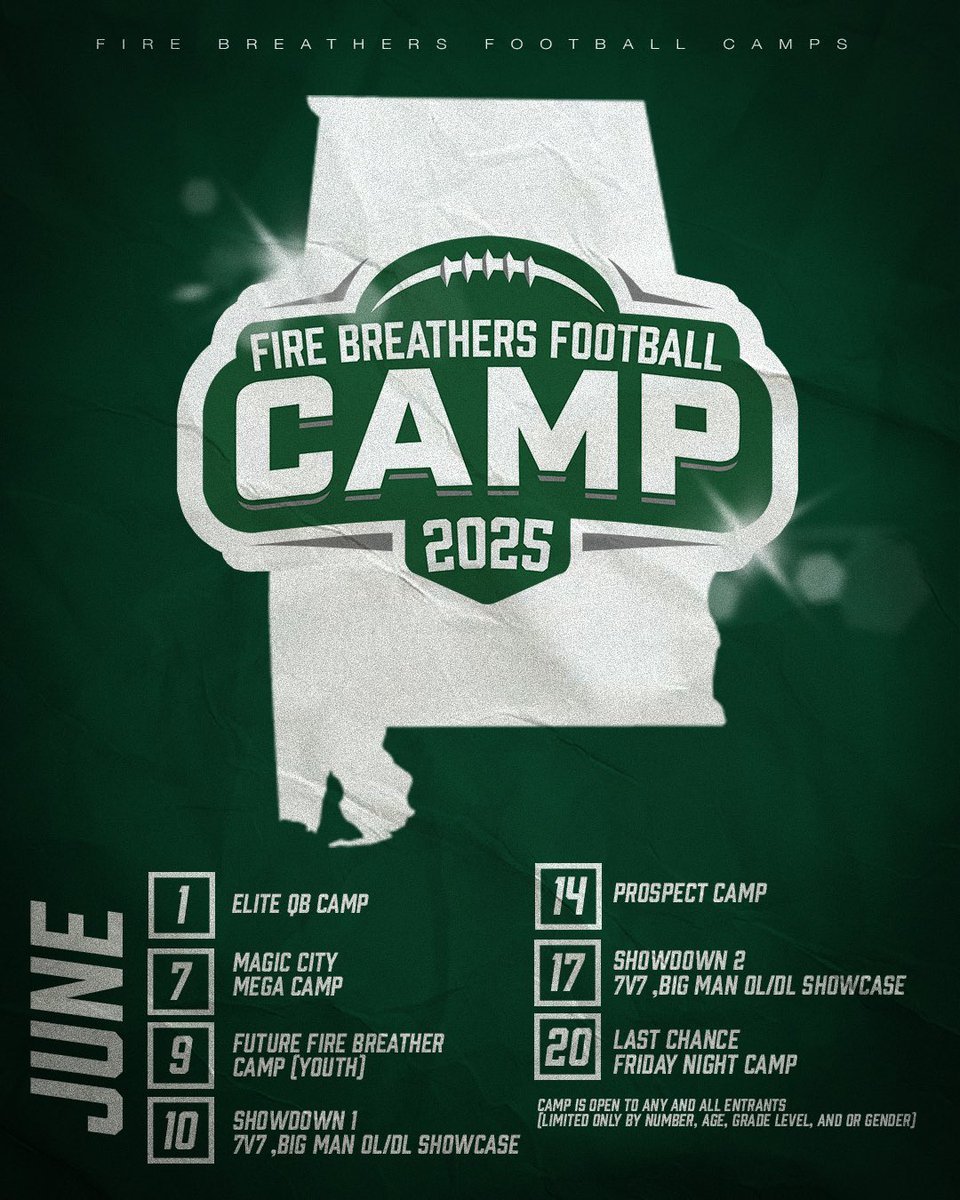 🚨 Ready to show out? 🚨

The Fire Breathers Football Camps  are your chance to learn from elite coaches and get evaluated‼️

DON’T LET THESE OPPORTUNITIES PASS UP YOU BY!

Sign up NOW 👉 firebreatherfootballcamps.com/About%20Us