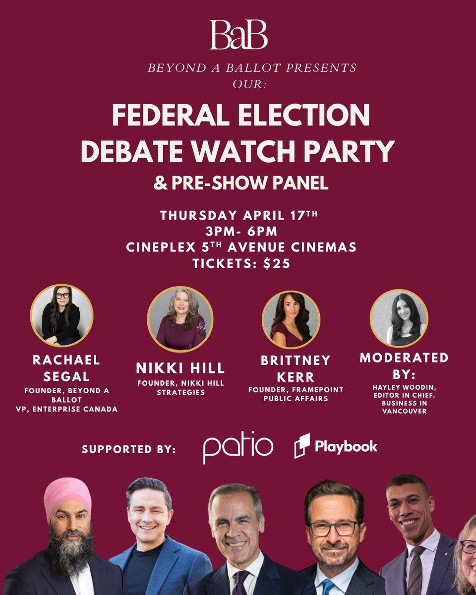 Come join us for our federal leaders debate watch party at 5th avenue cinema next Thursday! 
Pre-debate panel: 3-3:00pm
Debate: 3pm-5pm
Come for laughs, learning, good company and food!
Tickets: beyondaballot.com/debate
Space is limited by theatre size
