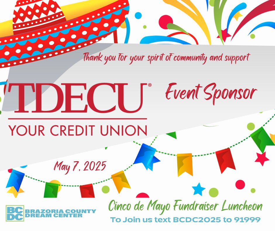 BCDreamCenter's tweet photo. 🎉 A huge shoutout and thanks to @TDECU for being an incredible sponsor of our Cinco de Mayo Fundraiser! 🌟  Together, we’re making a difference—thank you for helping us celebrate and give back to our community! 💚🙌 #BigThankYou #TDECUCares #CincoDeMayo https://t.co/C3Nrh9k9ap