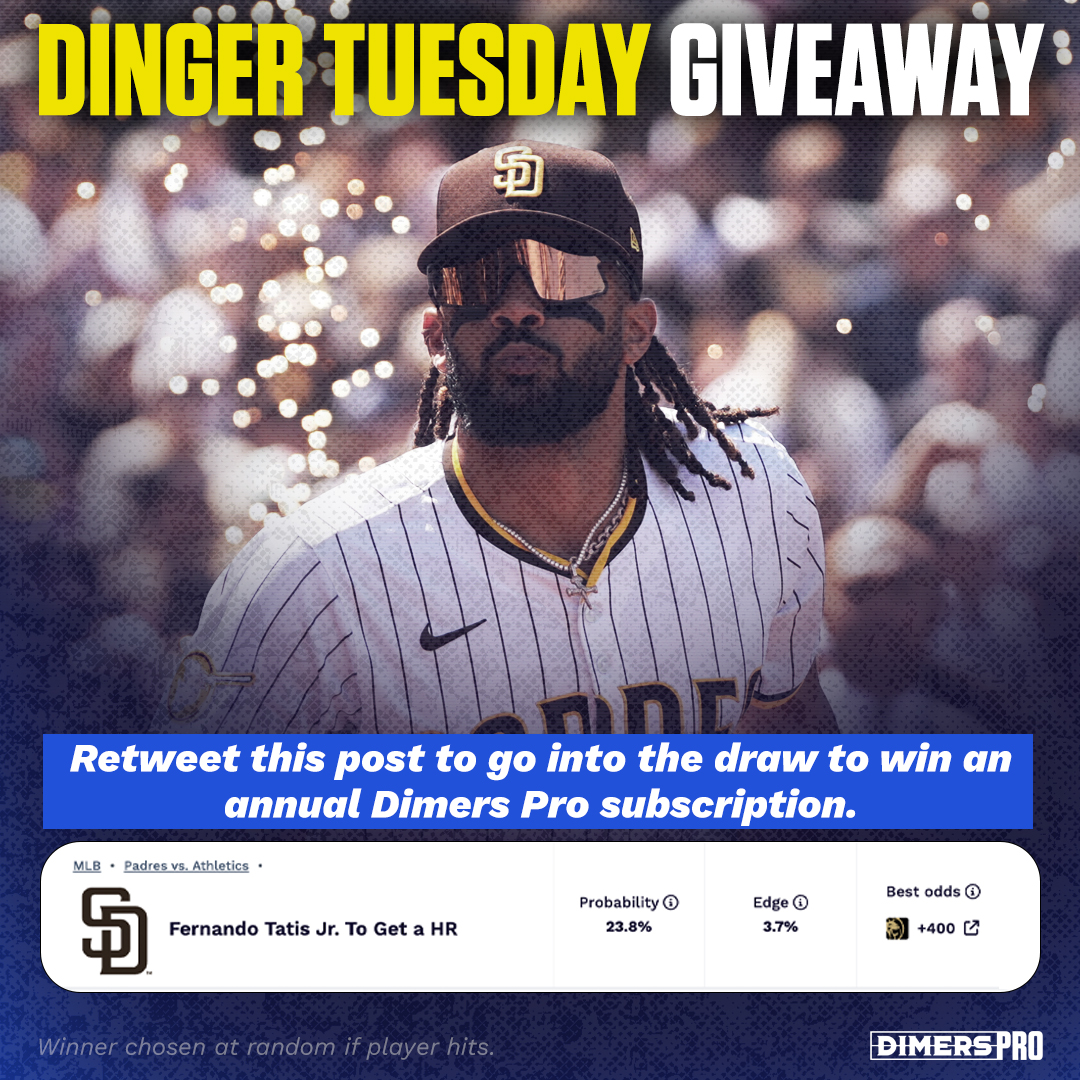 ☄️ WIN A YEAR OF PRO ☄️

We're running back our Dinger Tuesday giveaway, with someone winning an entire year of Dimers Pro if our home run predictor's top probability of the night goes yard.

To enter:

⭐️ Follow <a href="/DimersCom/">Dimers</a> 
⭐️ Retweet this post

If Tatis hits, we draw a winner.