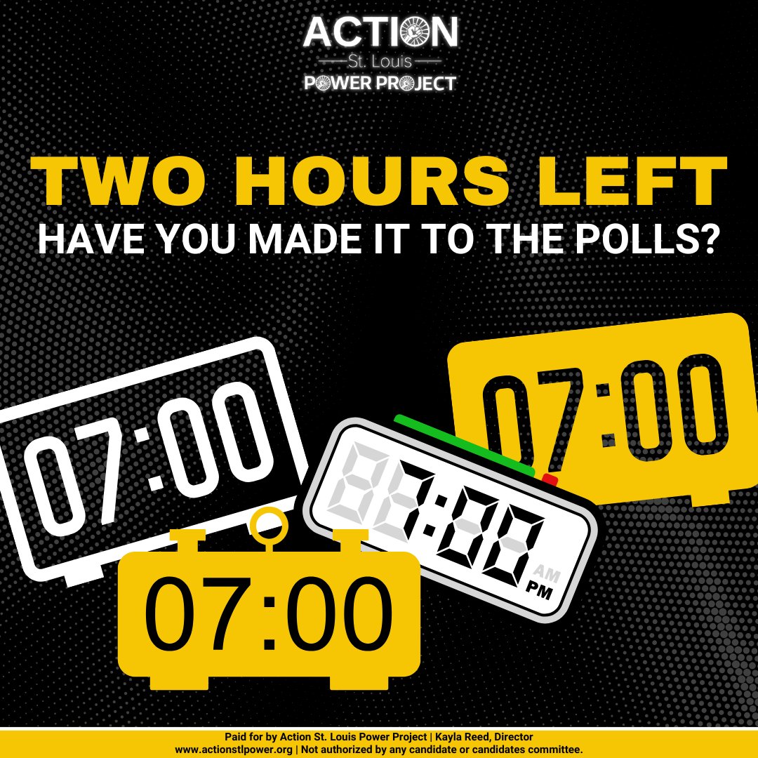 STL—There are only TWO hours left to vote! This is our last chance to choose candidates who align with our values, have a plan for our city, and will continue to work for ALL OF US! 

As long as you're in line by 7pm, you can vote.
