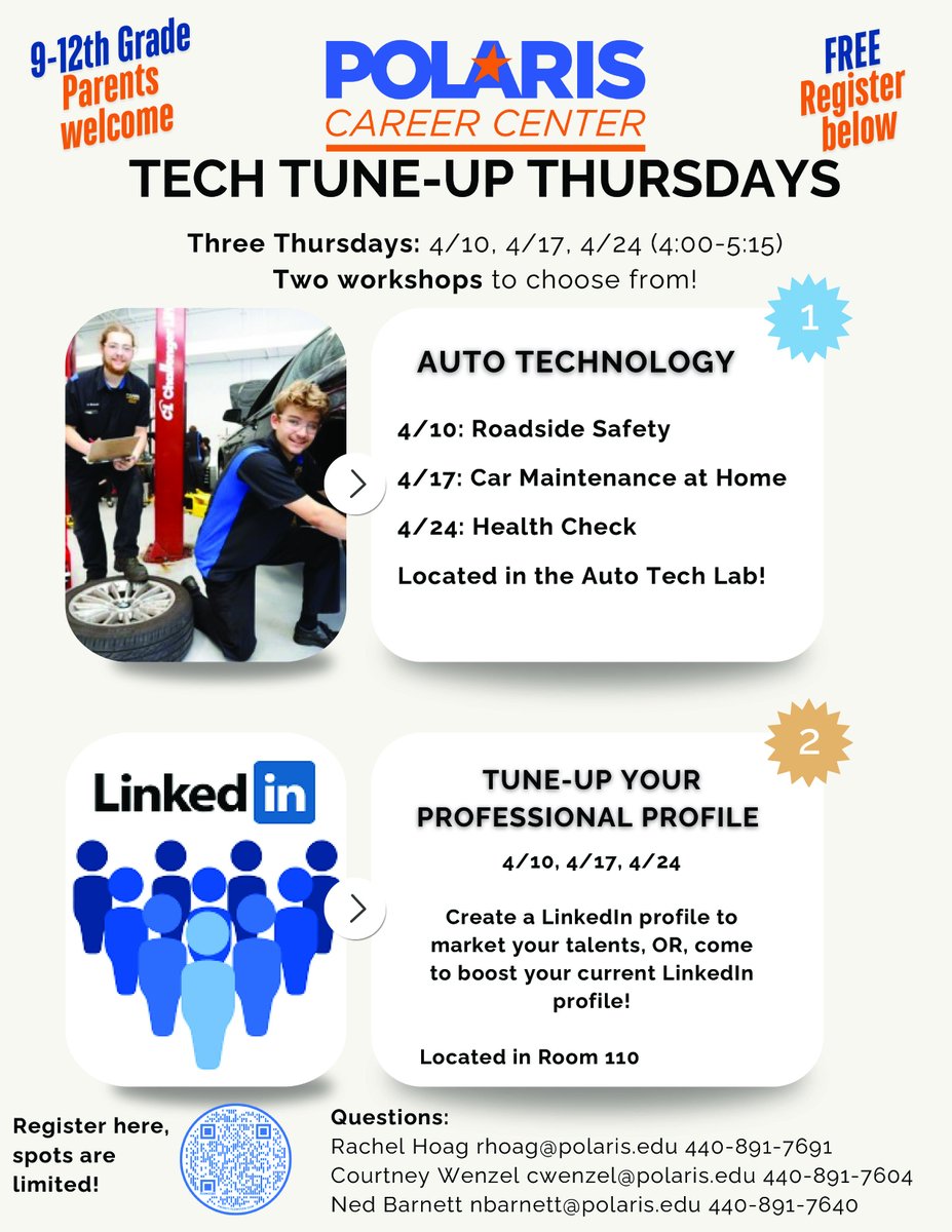 REMINDER! 🔧Tech Tune-Up Thursdays! Get a FREE refresher on basic auto maintenance &amp; LinkedIn profile skills! Open to 9-12 grade students &amp; parents in our six partner districts. Click HERE bit.ly/4j3LDqL to register TODAY! #TechTuneUp #FutureReady #PolarisMeansJobs💪