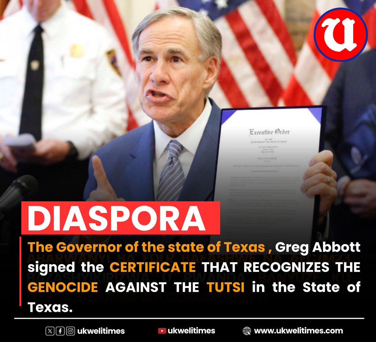 UKWELITIMES (@ukwelitimes) on Twitter photo From Now ,The State of Texas officially recognize the Genocide Against the Tutsi , After the Governor Greg Abbott signed the Certificate of recognition.
<a href="/UKWELITIMES/">UKWELITIMES</a> , <a href="/RwandaInUSA/">Rwanda in USA</a> <a href="/AmbMukantabana/">Mathilde Mukantabana</a> <a href="/DrDamascene/">Dr. Jean Damascene BIZIMANA</a> <a href="/Ibuka_Rwanda/">IBUKA Rwanda</a> <a href="/IbukaUsa/">IbukaUSA</a> <a href="/RwandaMFA/">Ministry of Foreign Affairs & Int'l Cooperation</a> <a href="/onduhungirehe/">Olivier J.P. Nduhungirehe</a> <a href="/Unity_MemoryRw/">Ministry of National Unity and Civic Engagement</a> From Now ,The State of Texas officially recognize the Genocide Against the Tutsi , After the Governor Greg Abbott signed the Certificate of recognition.
<a href="/UKWELITIMES/">UKWELITIMES</a> , <a href="/RwandaInUSA/">Rwanda in USA</a> <a href="/AmbMukantabana/">Mathilde Mukantabana</a> <a href="/DrDamascene/">Dr. Jean Damascene BIZIMANA</a> <a href="/Ibuka_Rwanda/">IBUKA Rwanda</a> <a href="/IbukaUsa/">IbukaUSA</a> <a href="/RwandaMFA/">Ministry of Foreign Affairs & Int'l Cooperation</a> <a href="/onduhungirehe/">Olivier J.P. Nduhungirehe</a> <a href="/Unity_MemoryRw/">Ministry of National Unity and Civic Engagement</a>