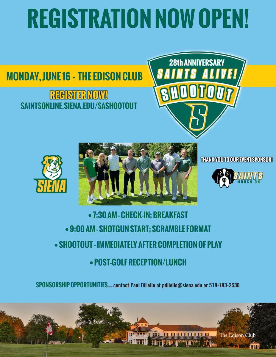 Siena Saints (@sienasaints) on Twitter photo ⛳️ FORE!
Mark your calendars for our 2⃣8⃣th Anniversary Saints Alive! Shootout presented by <a href="/saintsmarchon1/">Saints March On</a> on Monday, June 16 at <a href="/EdisonClub1904/">The Edison Club</a>!
REGISTER NOW ➡️ t.ly/d1UlU
#MarchOn x #SienaSaints ⛳️ FORE!
Mark your calendars for our 2⃣8⃣th Anniversary Saints Alive! Shootout presented by <a href="/saintsmarchon1/">Saints March On</a> on Monday, June 16 at <a href="/EdisonClub1904/">The Edison Club</a>!
REGISTER NOW ➡️ t.ly/d1UlU
#MarchOn x #SienaSaints