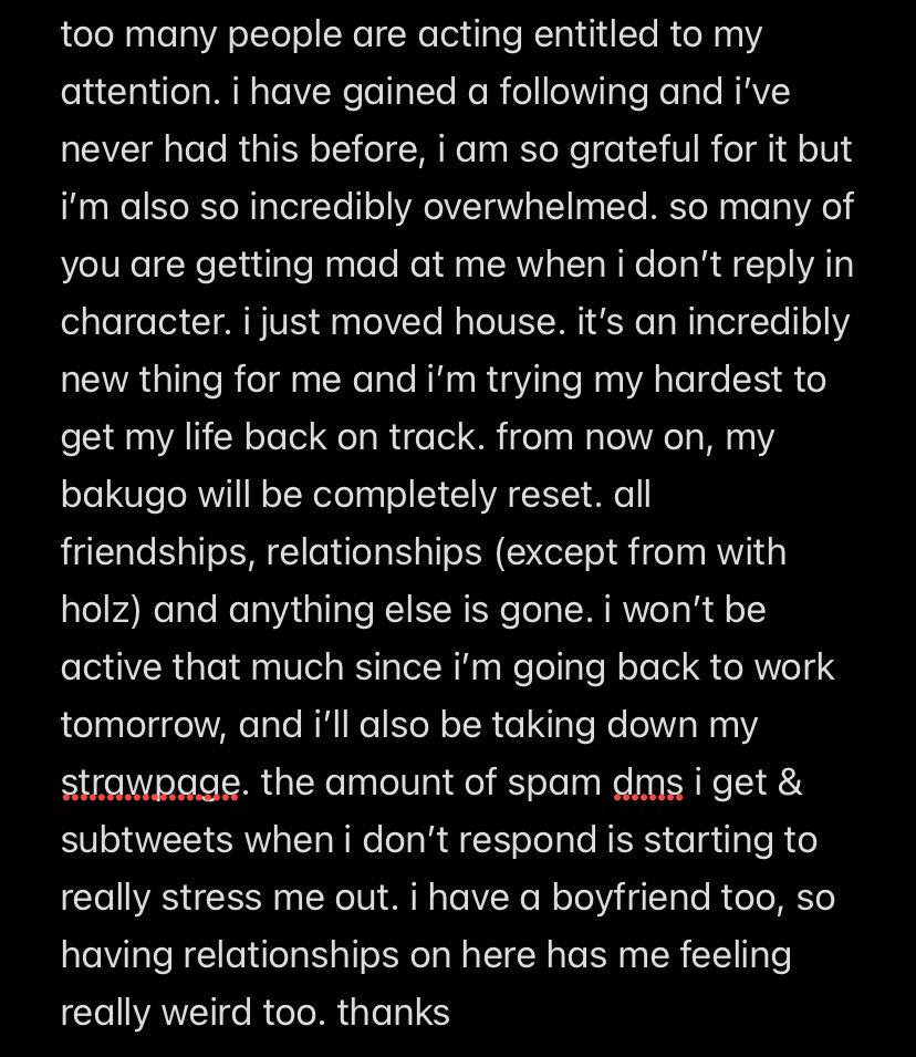 i’ve also been thinking about taking a break - like i am SO overwhelmed. this was meant to just be a fun rp page for me
and now i feel like i owe people my time when i barely have it for myself.