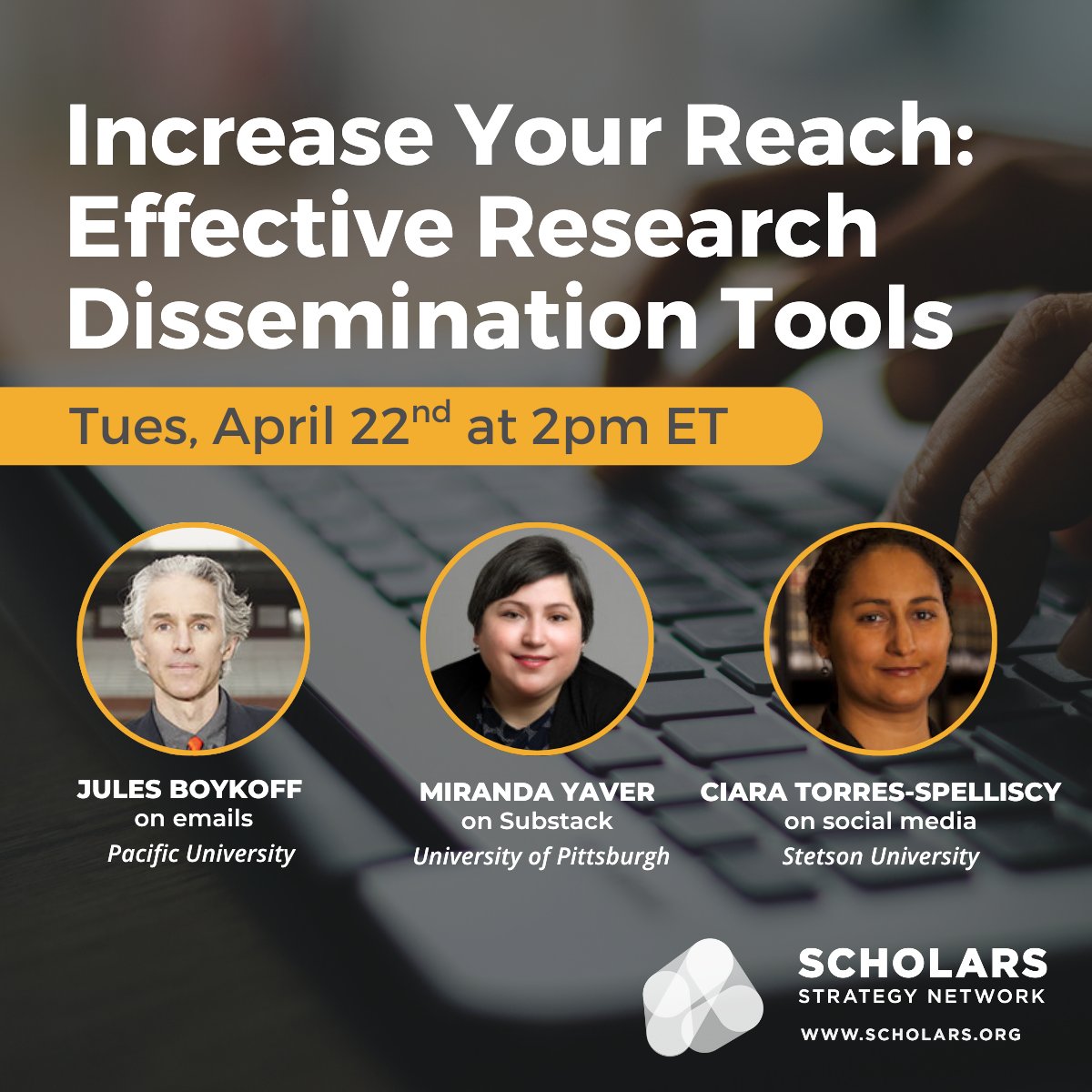 Want to get your research in front of the right people? Learn how <a href="/SSNScholars/">Scholars Strategy Network (bsky: @scholars.org)</a> members Jules Boykoff, Miranda Yaver, &amp; Ciara Torres-Spelliscy use email outreach, Substack &amp; social media in this workshop.

Join us Tues, April 22:
scholars.my.salesforce-sites.com/event/home/ssn…