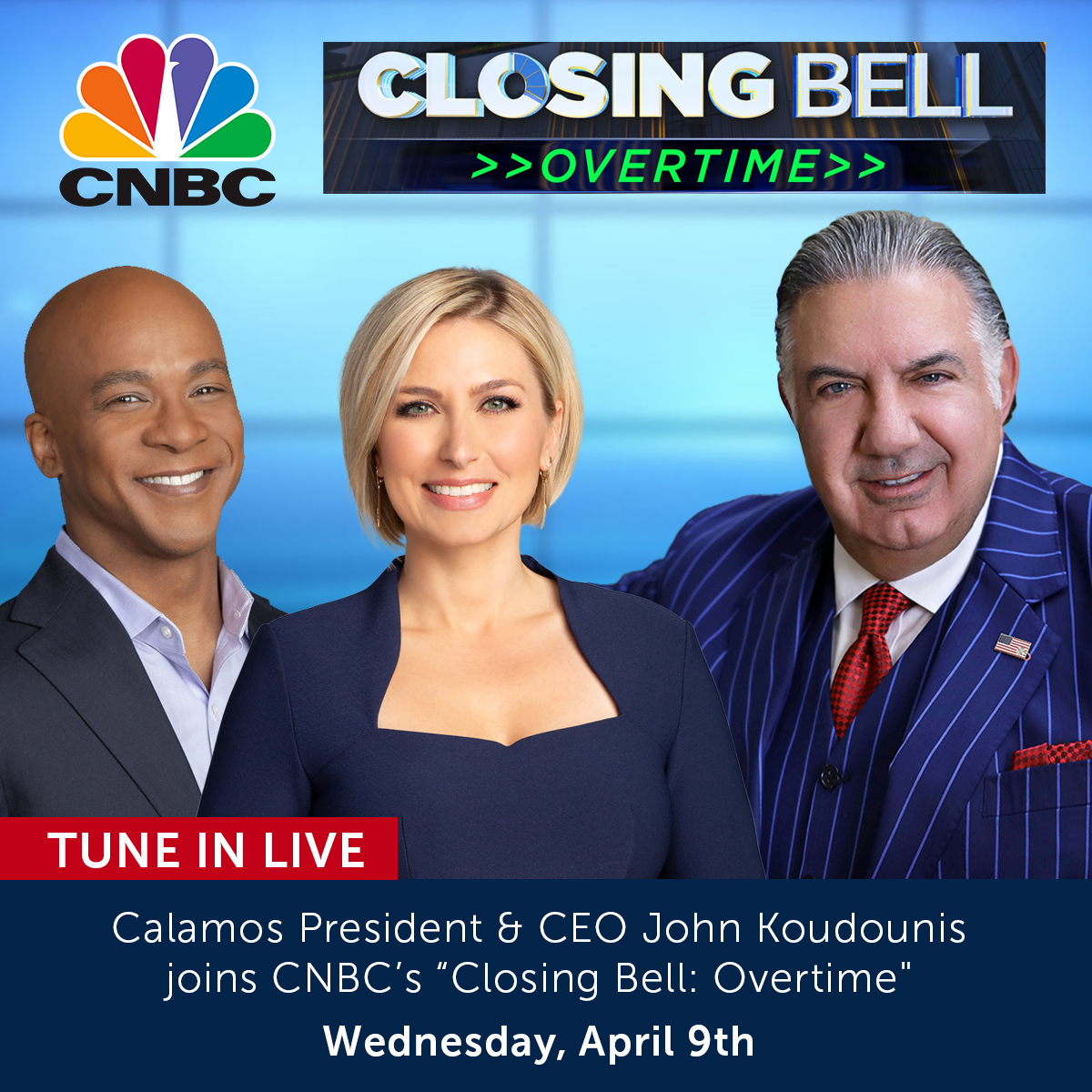 Joining <a href="/jonfortt/">Jon Fortt</a> and <a href="/MorganLBrennan/">Morgan Brennan</a> on "Closing Bell: Overtime" tomorrow, Wednesday, April 9th, to discuss the latest market headlines. ​ ​ 

Watch live on <a href="/CNBC/">CNBC</a> or stream here: okt.to/QimGhq