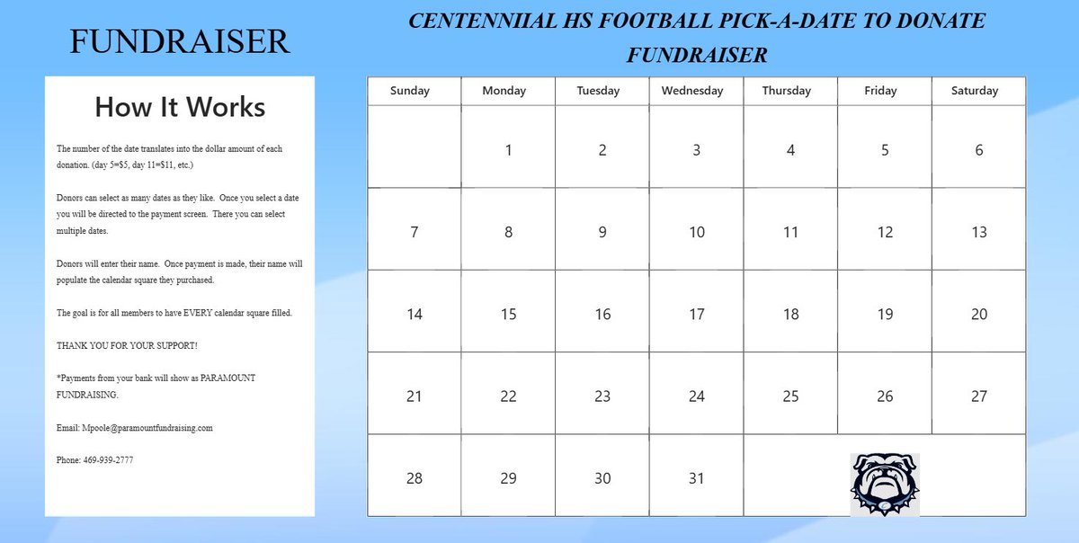 The Centennial Football Program Annual Spring Fundraiser starts TODAY!
Pick a Date to Donate: Choose any calendar date (1–31) and donate that amount (e.g. April 8 = $8). A full calendar raises $496 for our athletes!
Now through May 6, 2026.
<a href="/LVCen10Football/">LVCen10Football</a>