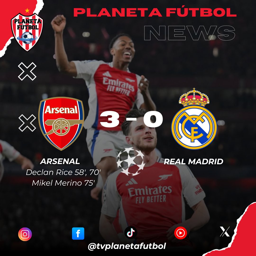 tvplanetafutbol's tweet photo. 🔥 ¡La historia cambió esta noche en Londres!
El Arsenal borró al Real Madrid con un 3-0 inolvidable
Mira el siguiente video 👉https://t.co/ehZw7b5igW
#ChampionsLeague https://t.co/rRETIPCzoh