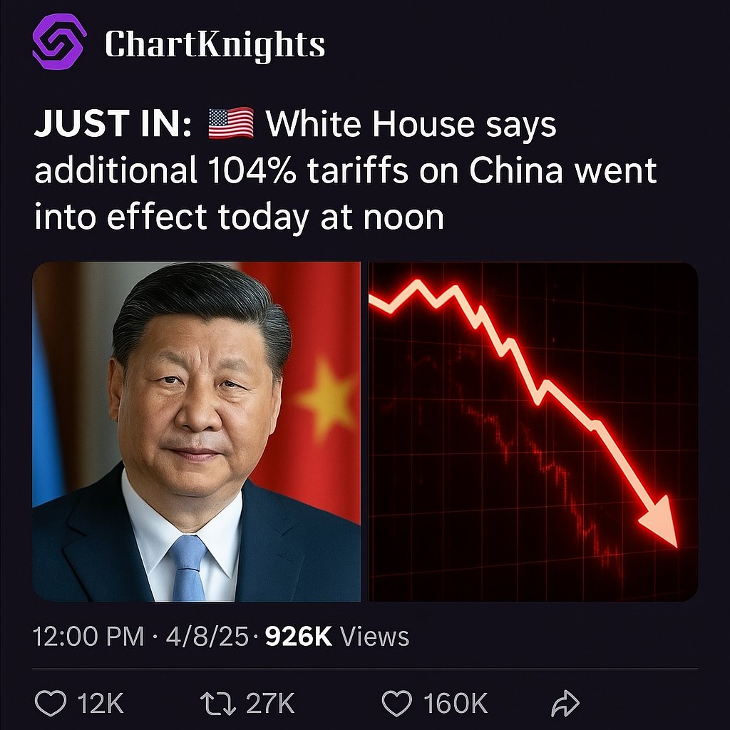 ChartKnights's tweet photo. JUST IN: The White House enforces a 104% tariff on China starting today. Markets react sharply.

Is this the beginning of a new trade war?
#ChartKnights #StockMarket #ChinaTariffs #BreakingNews #tarriffwar https://t.co/fnlyykI7Zc