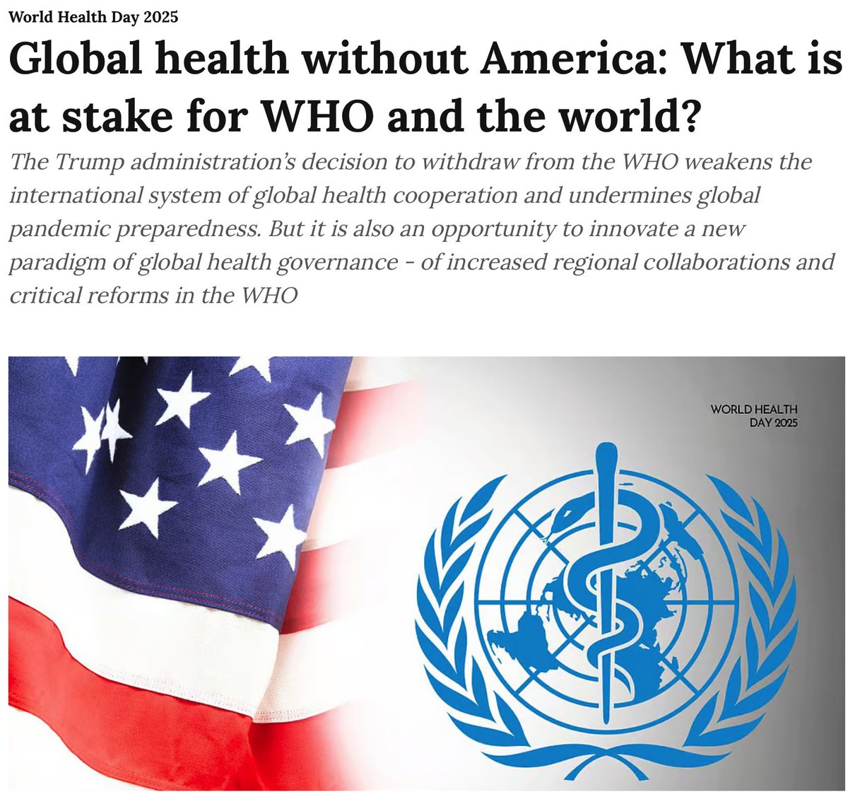 On World Health Day, the remarkable <a href="/KashishAneja_/">Kashish Aneja</a> &amp;  I offer a stark warning for global health unleashed by Trump. But we also show why it opens vital opportunities for a new paradigm of regional collaborations &amp; critical WHO reforms. 

theleaflet.in/world-health-d…
