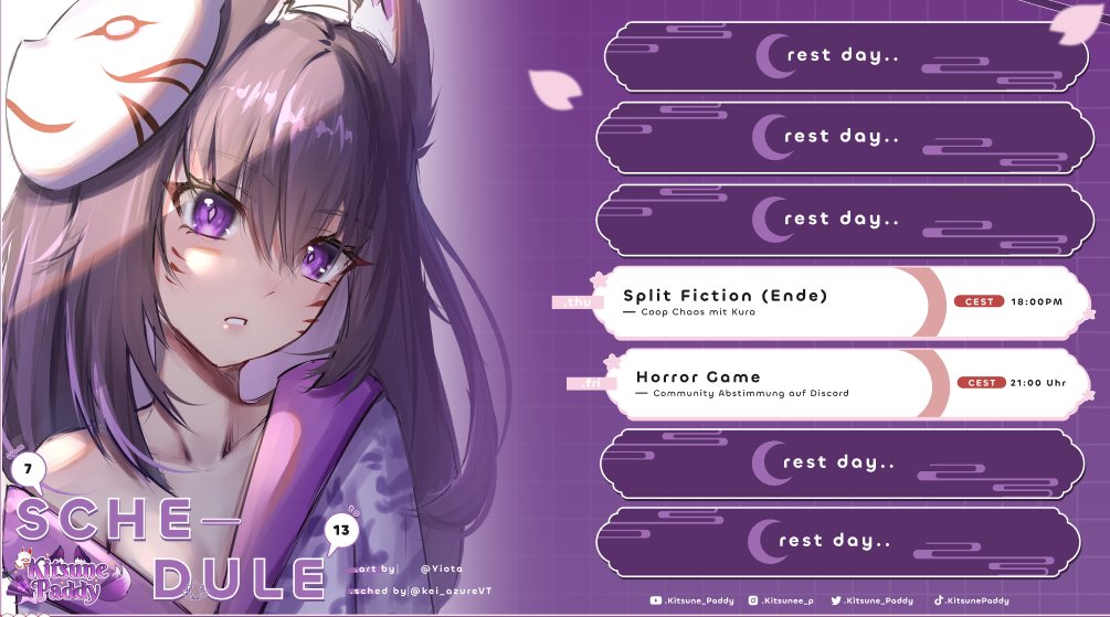 Hier ist der Streamplan für diese Woche.
Am Donnerstag spielen wir das Ende von Split Fiction und am Freitag gibt es dann den versprochenen Horror Stream.
Dazu läuft aktuelle eine Abstimmung auf meinem Discord Server.
(Aktuell gewinnt Outlast sehr stark)