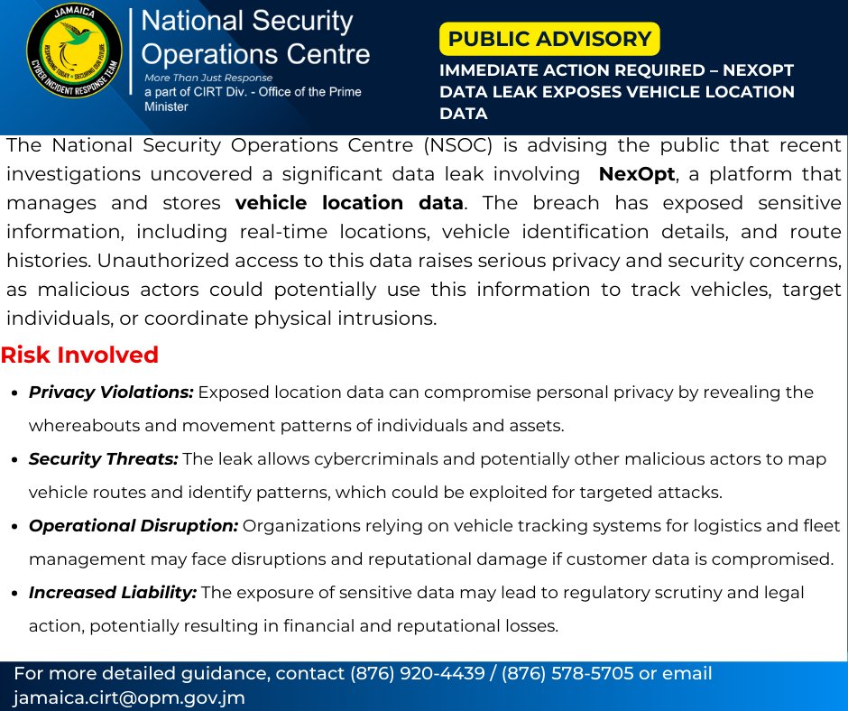 cirtgovjm's tweet image. 🚨Data Leak Alert: NexOpt breach exposes sensitive vehicle location data, risking privacy and operational security. Act now: secure systems, enhance encryption, and monitor activity. #CyberSecurity #DataBreach #FleetSecurity