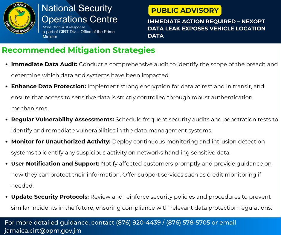 cirtgovjm's tweet image. 🚨Data Leak Alert: NexOpt breach exposes sensitive vehicle location data, risking privacy and operational security. Act now: secure systems, enhance encryption, and monitor activity. #CyberSecurity #DataBreach #FleetSecurity