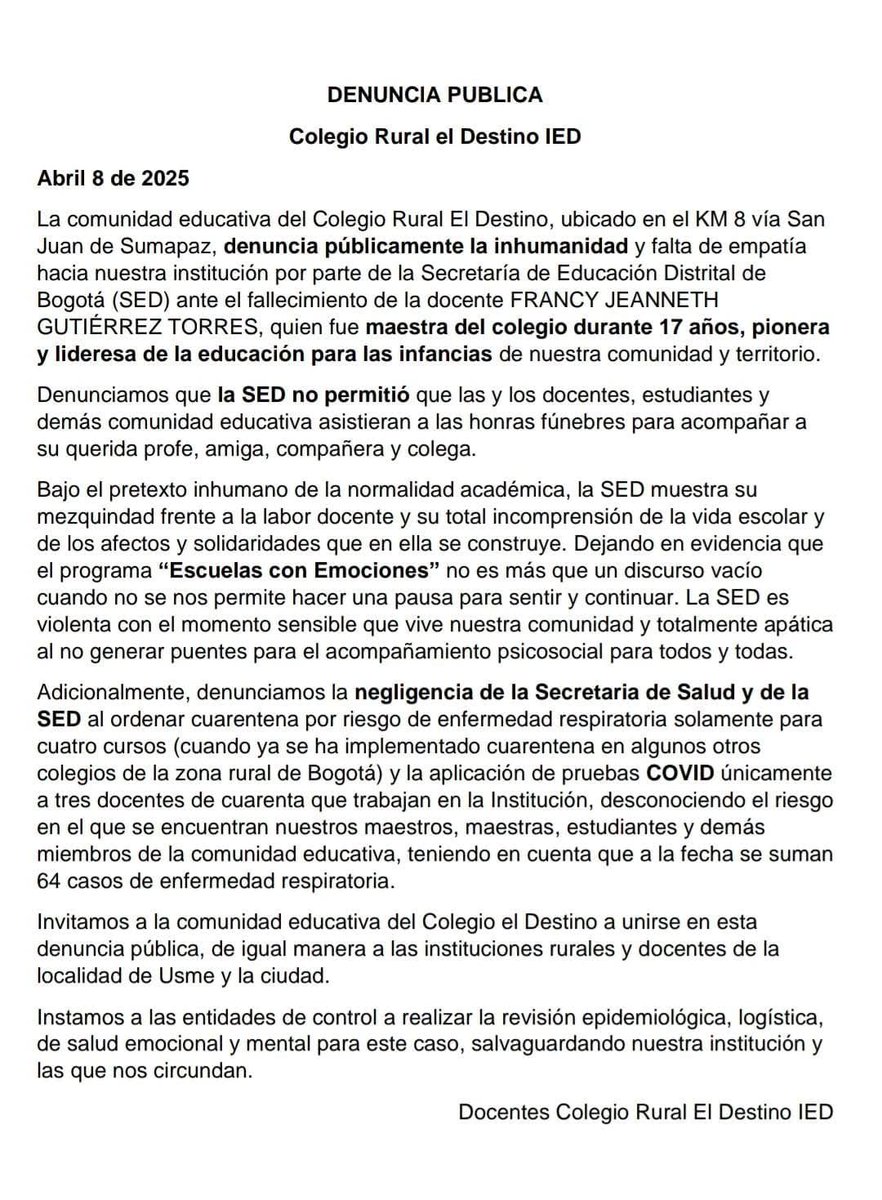 Mauricio Correa Tribín (@tribinmauricio) on Twitter photo Ni siquiera la muerte detiene el repudio de <a href="/CarlosFGalan/">Carlos F. Galán</a> e <a href="/IsabelSegoviaO/">Isabel Segovia O</a> hacia los maestros de <a href="/Bogota/">Alcaldía de Bogotá</a> la indolencia por parte de <a href="/Educacionbogota/">Secretaría de Educación de Bogotá</a> traspasa cualquier límite. <a href="/fecode/">fecode</a> <a href="/miguep_fecode/">Miguel Ángel Pardo Romero</a> <a href="/adebogota/">ADE 🇵🇸</a> <a href="/Mineducacion/">MinEducación</a> <a href="/DanielRMed/">Daniel Rojas Medellin</a> Ni siquiera la muerte detiene el repudio de <a href="/CarlosFGalan/">Carlos F. Galán</a> e <a href="/IsabelSegoviaO/">Isabel Segovia O</a> hacia los maestros de <a href="/Bogota/">Alcaldía de Bogotá</a> la indolencia por parte de <a href="/Educacionbogota/">Secretaría de Educación de Bogotá</a> traspasa cualquier límite. <a href="/fecode/">fecode</a> <a href="/miguep_fecode/">Miguel Ángel Pardo Romero</a> <a href="/adebogota/">ADE 🇵🇸</a> <a href="/Mineducacion/">MinEducación</a> <a href="/DanielRMed/">Daniel Rojas Medellin</a>
