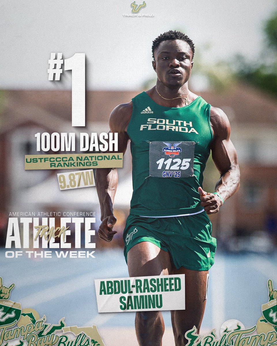 USFXCTF's tweet photo. Big congrats to Abdul-Rasheed Saminu — now the current all-conditions world leader in the 100m dash and this week’s AAC Track Athlete of the Week!

#HornsUp🤘| #ComeRunWithTheBulls🐂 https://t.co/ebGquUlkeM