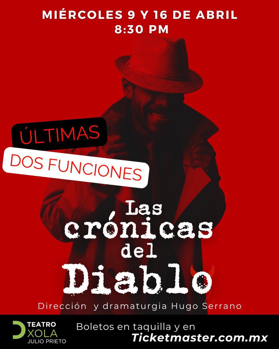 🚨¡PASES DOBLES🚨
👉 “Las crónicas del diablo” mañana 9 de abril 8:30PM en <a href="/TeatroXola/">TEATRO XOLA</a> 

Dinámica:
1️⃣ Fav + RT
2️⃣ Seguirnos en nuestro canal de YT:
🔗 youtube.com/@elintermediomx
3️⃣ Captura de pantalla + nombre completo en los comentarios
📌 Los ganadorxs serán elegidos al azar.