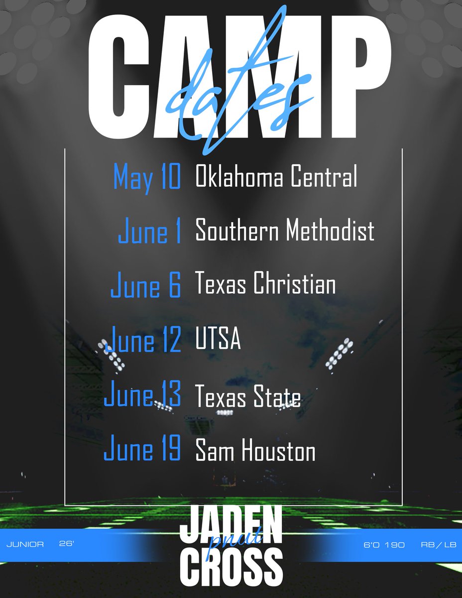 Jaden “P-nut” Cross (@jadencross21) on Twitter photo Camp dates this summer?❗️Who else 👀 <a href="/Coach_TPearson/">Thomas Pearson</a> <a href="/AdamDorrel/">Adam Dorrel</a> <a href="/rhettlashlee/">Rhett Lashlee</a> <a href="/CoachKyleCooper/">Kyle Cooper</a> <a href="/CoachSonnyDykes/">Sonny Dykes</a> <a href="/CoachTraylor/">Jeff Traylor</a> <a href="/GJKinne/">GJ Kinne</a> <a href="/CoachNealy/">Barrick Nealy</a> <a href="/CoachPhilLongo/">Phil Longo</a> <a href="/CoachRaisbeck/">Eric Raisbeck</a> Camp dates this summer?❗️Who else 👀 <a href="/Coach_TPearson/">Thomas Pearson</a> <a href="/AdamDorrel/">Adam Dorrel</a> <a href="/rhettlashlee/">Rhett Lashlee</a> <a href="/CoachKyleCooper/">Kyle Cooper</a> <a href="/CoachSonnyDykes/">Sonny Dykes</a> <a href="/CoachTraylor/">Jeff Traylor</a> <a href="/GJKinne/">GJ Kinne</a> <a href="/CoachNealy/">Barrick Nealy</a> <a href="/CoachPhilLongo/">Phil Longo</a> <a href="/CoachRaisbeck/">Eric Raisbeck</a>