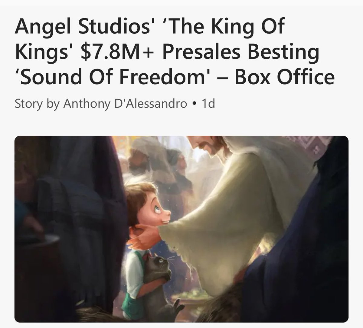 bennyjohnson's tweet photo. Wow. Angel Studios’ new movie ‘The King of Kings’ is sitting at $7.8 MILLION in pre-sales out performing their #1 hit ‘Sound of Freedom.’ 

The new family faith-based film is coming to theaters April 11th. 

This is the biggest slap in the face to woke Hollywood. https://t.co/0eCeOc9zfm
