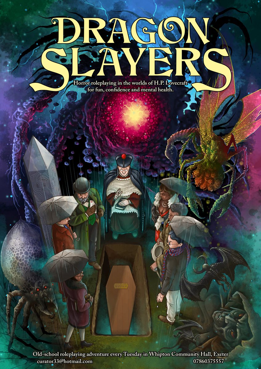 ExeterSlayers's tweet image. Fantasy, scifi & horror role-playing games for positive mental health. Free to play. For anyone aged 18+ with anxiety & depression.
Whipton Community Hall. Tuesday evenings. Call to join.
Mob: 07860375557
#TTRPGs #dnd #callofcthulhu #whipton #Exeter