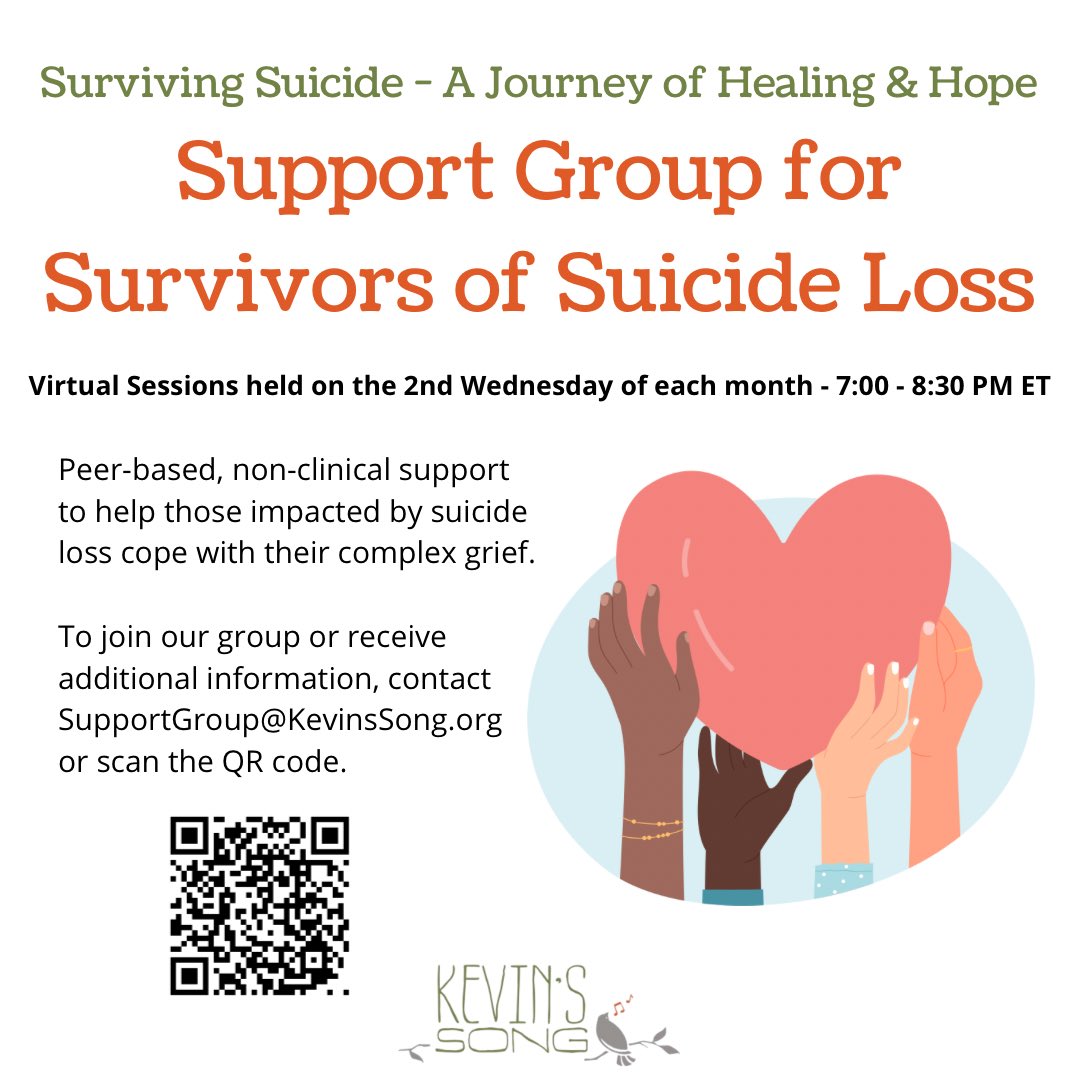Kevin's Song (@kevins_song) on Twitter photo Our Survivors of Suicide Loss Support Group meets virtually TOMORROW, Wednesday, April 9 from 7:00 - 8:30 PM ET.
For the session link or more info, email SupportGroup@KevinsSong.org or call (313) 236-7109.
#Support #Grief #EndTheStigma Our Survivors of Suicide Loss Support Group meets virtually TOMORROW, Wednesday, April 9 from 7:00 - 8:30 PM ET.
For the session link or more info, email SupportGroup@KevinsSong.org or call (313) 236-7109.
#Support #Grief #EndTheStigma