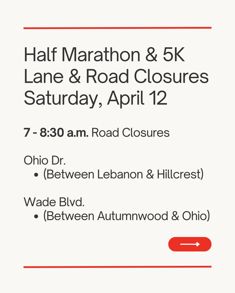 CityOfFriscoTx's tweet photo. 🚧 Multiple Road & Lane Closures (Saturday, April 12 from 5 – 11 a.m.)

A half-marathon will close lanes on several major roads and cause delays along the run route. Get details on lane closures, road restrictions, and neighborhood detours: https://t.co/neqCgQ5aDO

📲 Use the @Waze app to navigate around closures.