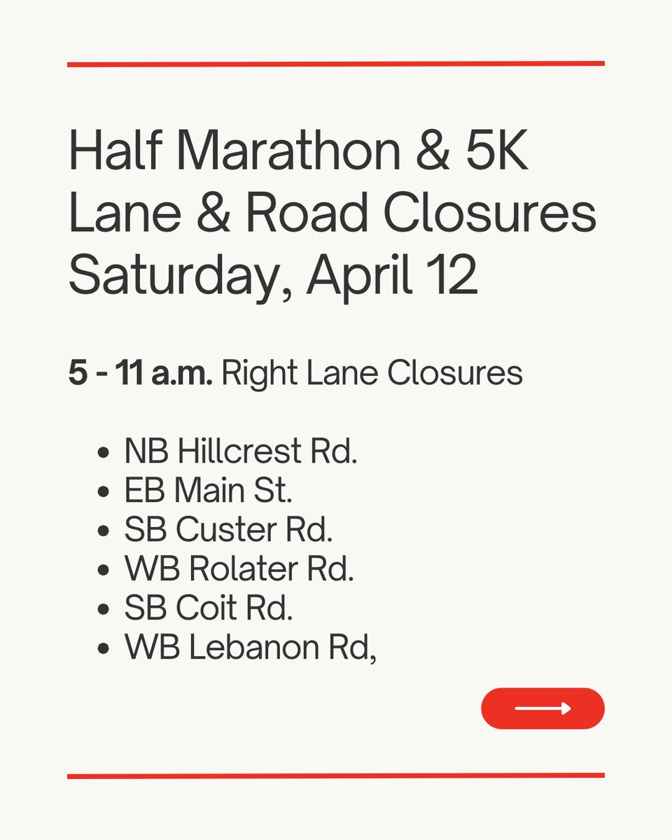 CityOfFriscoTx's tweet photo. 🚧 Multiple Road & Lane Closures (Saturday, April 12 from 5 – 11 a.m.)

A half-marathon will close lanes on several major roads and cause delays along the run route. Get details on lane closures, road restrictions, and neighborhood detours: https://t.co/neqCgQ5aDO

📲 Use the @Waze app to navigate around closures.